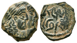 REINO NABATEO, Aretas IV y Shaqilat. Dracma. (Ae. 3,44g17mm). 9 a.C.-40 d.C. Petra. (Meshorer 114). Anv: Bustos de Aretas IV y Shaqilat a derecha. Rev...