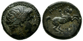 REYES DE MACEDONIA, Filipo II. Ae17. (Ae. 6,76g/17mm). 359-336 a.C. (Seaby 6698) Anv: Cabeza diademada de Apolo a derecha. Rev: Filipo II a caballo av...