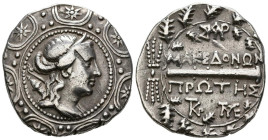 MACEDONIA, Anfípolis. Tetradracma. (Ar. 16,74g/30mm). 167-149 a.C. (SNG Copenhagen 1311). Anv: Busto diademado a derecha de Artemisa portando arco y c...