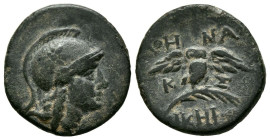 MISIA, Pérgamo. Ae18. (Ae. 2,62g/17mm). 200-133 a.C. (SNG Copenhagen 388). Anv: Cabeza de Atenea a derecha. Rev: Búho estante de frente sobre palma co...