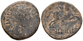 BILBILIS (Calatayud, Zaragoza). As. (Ae. 10,37g/29mm). 27 a.C.-14 d.C. (FAB-276). Anv: Cabeza laureada de Augusto a derecha, alrededor leyenda: DIVI F...