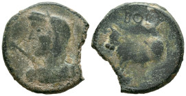 BORA (Martos, Jaén). As. (Ae. 9,98g/27mm). 100-50 a.C. (FAB-291). Anv: Busto femenino a izquierda, delante cetro. Rev: Toro a izquierda, encima leyend...