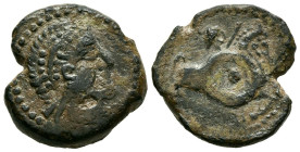 CARISA (cerca de Bornos, Cádiz). Semis. (Ae. 5,71g/19mm). 50 a.C. (FAB-448). Anv: Cabeza masculina diademada a derecha. Rev: Jinete con lanza y escudo...