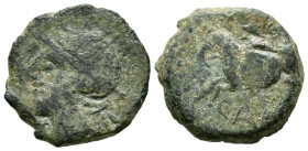 CARISA (Bornos, Cádiz). Semis. (Ae. 4,21g/18mm). 50 a.C. (FAB-451). Anv: Cabeza masculina con casco a izquierda. Rev: Jinete con lanza y escudo a izqu...