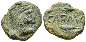 CARMO (Carmona, Sevilla). Semis. (Ae. 13,40g/26mm). 80 a.C. (FAB-468). Anv: Cabeza masculina a derecha con piel de león. Rev: Leyenda: CARMO, entre do...
