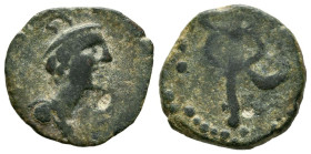CARMO (Carmona, Sevilla). Cuadrante. (Ae. 2,40g/17mm). 80 a.C. (FAB-473). Anv: Cabeza de Mercurio a derecha. Rev: Caduceo. MBC-.