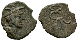 CARMO (Carmona, Sevilla). Cuadrante. (Ae. 1,75g/16mm). 80 a.C. (FAB-473). Anv: Cabeza de Mercurio a derecha. Rev: Caduceo. MBC.