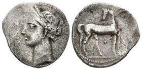 CARTAGONOVA (Cartagena, Murcia). 1/2 Shekel. (Ar. 3,51g/17mm). 220-215 a.C. (FAB-500). Anv: Cabeza diademada de Tanit a izquierda. Rev: Caballo parado...