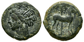 CARTAGONOVA (Cartagena, Murcia). 1/2 Calco. (Ae. 3,08g/17mm). 220-215 a.C. (FAB-507). Anv: Cabeza de Tanit a izquierda. Rev: Caballo parado a derecha,...