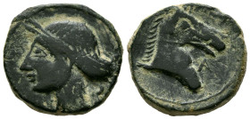CARTAGONOVA (Cartagena, Murcia). Calco. (Ae. 8,72g/20mm). 220-215 a.C. (FAB-511). Anv: cabeza diademada de Tanit a izquierda. Rev: Cabeza de Caballo a...