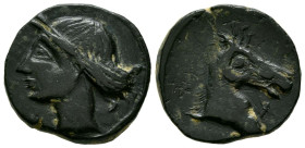 CARTAGONOVA (Cartagena, Murcia). Calco. (Ae. 5,67g/20mm). 220-215 a.C. (FAB-512). Anv: cabeza diademada de Tanit a izquierda. Rev: Cabeza de Caballo a...