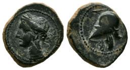 CARTAGONOVA (Cartagena, Murcia). 1/4 Calco. (Ae. 1,95g/14mm). 220-215 a.C. (FAB-521). Anv: Cabeza de Tanit a izquierda. Rev: Casco a izquierda. MBC+. ...