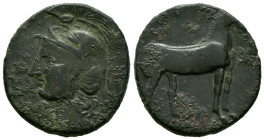 CARTAGONOVA (Cartagena, Murcia). Calco. (Ae. 6,53g/25mm). 220-215 a.C.(FAB-525). Anv: cabeza de Atenas con casco crestado a izquierda. Rev: Caballo pa...