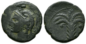 CARTAGONOVA (Cartagena, Murcia). 1/2 Calco. (Ae. 4,19g/19mm). 220-215 a.C. (FAB-532). Anv: Cabeza de Atenas con casco crestado a izquierda. Rev: Palme...