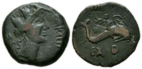 CARTEIA (San Roque, Cádiz). Semis. (Ae. 3,73g/18mm). 27 a.C.-14 d.C. (FAB-670). Anv: Cabeza femenina con corona mural a derecha, delante leyenda: CART...