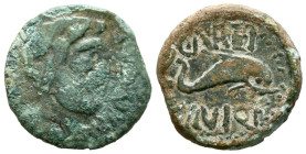 CARTEIA (San Roque, Cádiz). Semis. (Ae. 3,94g/19mm). 80-20 a.C. (FAB-680 var). Anv: Cabeza de Neptuno a derecha, detrás tridente, delante leyenda: III...