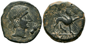 CASTULO (Cazlona, Jaén). As. (Ae. 12,42g/27mm). 180 a.C. (FAB-701). Anv: Cabeza masculina diademada a derecha, delante mano. Rev: Esfinge a derecha, d...