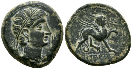 CASTULO (Cazlona, Jaén). As. (Ae. 16,07g/29mm). 180 a.C. (FAB-701). Anv: Cabeza masculina diademada a derecha, delante mano. Rev: Esfinge a derecha, d...