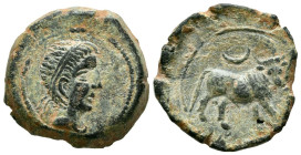 CASTULO (Cazlona, Jaén). Semis. (Ae. 7,83g/21mm). 180 a.C. (FAB-712). Anv: Cabeza masculina diademada a derecha. Rev: Toro a derecha, encima creciente...