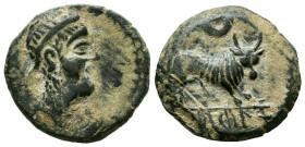CASTULO (Cazlona, Jaén). Semis. (Ae. 3,83g/18mm). 180 a.C. (FAB-717). Anv: Cabeza diademada a derecha, delante espiga. Rev: Toro a derecha, encima cre...