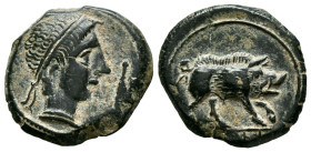 CASTULO (Cazlona, Jaén). Cuadrante. (Ae. 4,70g/17mm). 180 a.C. (FAB-734). Anv: Cabeza masculina diademada a derecha, delante punta de lanza. Rev: Jaba...
