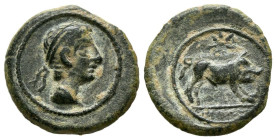 CASTULO (Cazlona, Jaén). Cuadrante. (Ae. 2,53g/17mm). 180 a.C. (FAB-735). Anv: Cabeza masculina diademada a derecha. Rev: Jabalí a derecha, encima est...