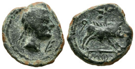 CASTULO (Cazlona, Jaén). Cuadrante. (Ae. 3,13g/17mm). 180 a.C. (FAB-736). Anv: Cabeza masculina a derecha, delante letra ibérica Ca. Rev: Jabalí a der...