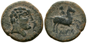 DABANIU (Débanos, Soria). As. (Ae. 9,97g/26mm). 120-20 a.C. (FAB-884). Anv: Cabeza masculina a derecha, delante delfín y detrás letras ibéricas Da Ba....