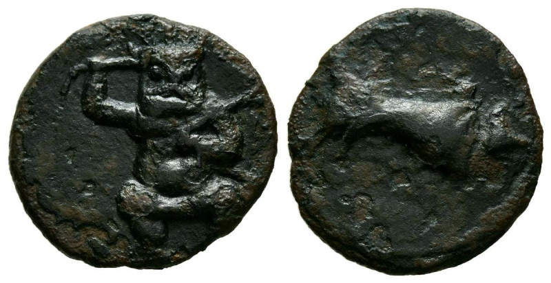 EBUSUS (Ibiza). 1/4 Calco. (Ae. 2,31g/16mm). 200-100 a.C. (FAB-923). Anv: Bes co...