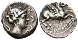 EMPORION (Ampurias, Gerona). Dracma. (Ar. 4,20g/18mm). 220-150 a.C. (FAB-1108). Anv: Cabeza diademada de Persefoné-Aretusa a derecha, alrededor tres d...