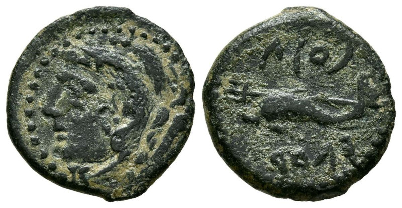 GADES (Cádiz). 1/4 Calco. (Ae. 1,94g/16mm). 200-100 a.C. (FAB-1324). Anv: Cabeza...