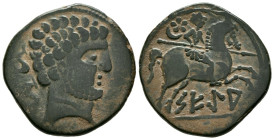 SEGIA (Ejea de los Caballeros, Zaragoza). As. (Ae. 9,77g/27mm). 120-20 a.C. (FAB-2157). Anv: Cabeza barbada masculina a derecha, detrás dos delfines. ...