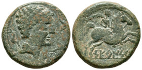 SETEISCEN (Sástago, Zaragoza). As. (Ae. 10,91g/25mm). 120-20 a.C. (FAB-2206). Anv: Cabeza masculina a derecha con adornos en el cuello, alrededor tres...