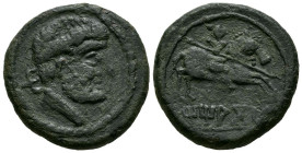TITIACOS (Tricio, La Rioja). Semis. (Ae. 9,97g/24mm). 120-20 a.C. (FAB-2395). Anv: Cabeza masculina con barba a derecha, detrás letra ibérica: Ti. Rev...