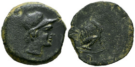 URSONE (Osuna, Sevilla). As. (Ae. 13,50g/29mm). 50 a.C. (FAB-2496). Anv: Cabeza femenina con casco a derecha, detrás leyenda: VRSONE. Rev: Oso sentado...