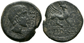 URSONE (Osuna, Sevilla). As. (Ae. 16,51g/31mm). 50 a.C. (FAB-2499). Anv: Cabeza masculina laureada a derecha, delante leyenda: VRSONE. Rev: Esfinge a ...