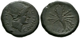 VALENTIA (Valencia). As. (Ae. 16,41g/28mm). 150-50 a.C. (FAB-2510). Anv: Cabeza galeada de Roma a derecha, alrededor leyenda: C MVNI Q C LVCIEN. Rev: ...