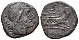 ACUÑACIONES ANONIMAS. Semis. (Ae. 4,96g/16mm). 211-206 a.C. (Crawford 56/3). Anv: Cabeza de Saturno a derecha, detrás S. Rev: Proa a derecha, encima S...