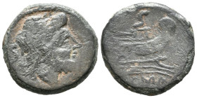 ACUÑACIONES ANONIMAS. Semis. (Ae. 9,63g/22mm). Serie pesada. 211-206 a.C. (Crawford 56/3). Anv: Cabeza de Saturno a derecha, detrás S. Rev: Proa a der...