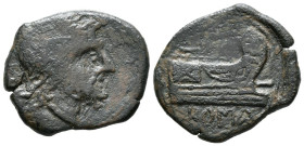 ACUÑACIONES ANONIMAS. Semis. (Ae. 7,20g/22mm). 211-206 a.C. (Crawford 56/3 var). Anv: Cabeza de Saturno a derecha, detrás S. Rev: Proa a derecha, enci...