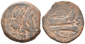 ACUÑACIONES ANONIMAS. Semis. (Ae. 11,47g/25mm). 169-158 a.C. Roma. (Crawford 195/2). Anv: Cabeza diademada de Saturno, detrás S. Rev: Proa a derecha, ...