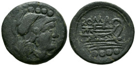 ACUÑACIONES ANONIMAS. Triente. (Ae. 8,63g/25mm). 215-212 a.C. Roma. (Crawford 41/7b). Anv: Cabeza de Roma a derecha, encima cuatro puntos. Rev: Proa a...