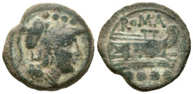 ACUÑACIONES ANONIMAS. Triente. (Ae. 5,56g/21mm). 209-208 a.C. Canusium. (Crawford 100/3). Anv: Cabeza de Roma con casco a derecha, encima cuatro punto...