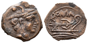 ACUÑACIONES ANONIMAS. Sextante. (Ae. 1,66g/14mm). 211 a.C. Roma. (Crawford 56/6). Anv: Cabeza de Mercurio con gorro, encima dos puntos. Rev: Proa a de...