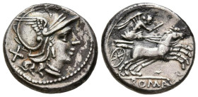 ACUÑACIONES ANONIMAS. Denario. (Ar. 3,88g/18mm). 157-156 a.C. Roma. (Crawford 197/1; FFC 77). Anv: Cabeza de Roma a derecha, detrás X. Rev: Victoria c...