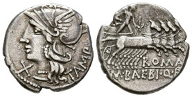 GENS BAEBIA. Denario. (Ar. 3,85g/19mm). 137 a.C. Roma. (Crawford 236/1a; FFC 198). Anv: Cabeza de Roma a izquierda, delante X, detrás leyenda: TAMPIL....