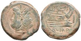 GENS CORNELIA. As. (Ae. 21,16g/33mm). 170-158 a.C. Roma. (Crawford 189/1). Anv: Cabeza bifronte laureada de Jano, encima: I. Rev: Proa a derecha, enci...