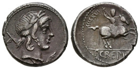 GENS CREPUSIA. Denario. (Ar. 3,29g/16mm). 82 a.C. Roma. (Crawford 361/1b; FFC 659). Anv: Cabeza laureada de Apolo a derecha, detrás cetro, delante: I....