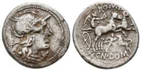 GENS DOMITIA. Denario forrado. (Ar-Ae. 2,91g/19mm). 128 a.C. Roma. (FFC 680; Crawford 261/1). Anv: Cabeza de Roma a derecha, delante estrella, detrás ...