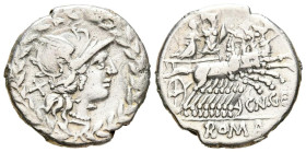 GENS GELIA. Denario. (Ar. 3,71g/19mm). 138 a.C. Roma. (Crawford 232/1; FFC 742). Anv: Cabeza de Roma a derecha, detrás X, todo dentro de láurea. Rev: ...